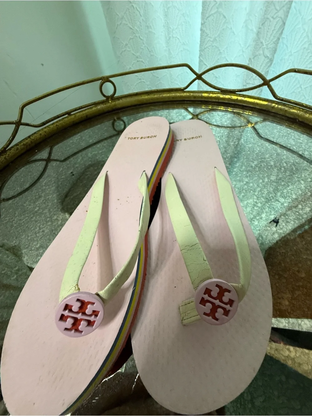 Tory Burch Pink Flip Flop Sandals with Lime Straps
